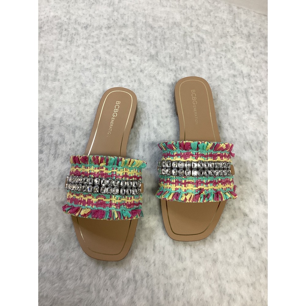 BCBGeneration Karissa Multi Color Woven Fringe Crystal Slide Sandals 5M NEW